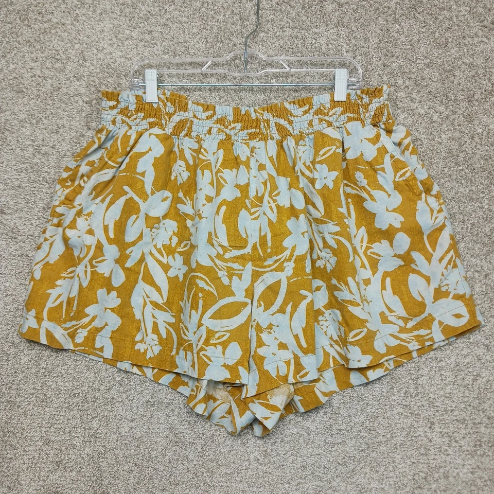 Pantalones Cortos Ava & Viv Para Mujer 3X Amarillo Mostaza Blanco Floral Lino Cintura Elástica Foto 1 de 4