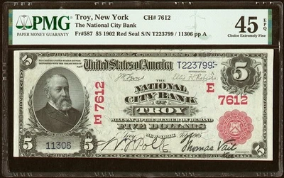$5 1902 Red Seal Fr. 587 The National City Bank Ch.7612-Troy, NY PMG 45 EPQ - Image 1 of 3