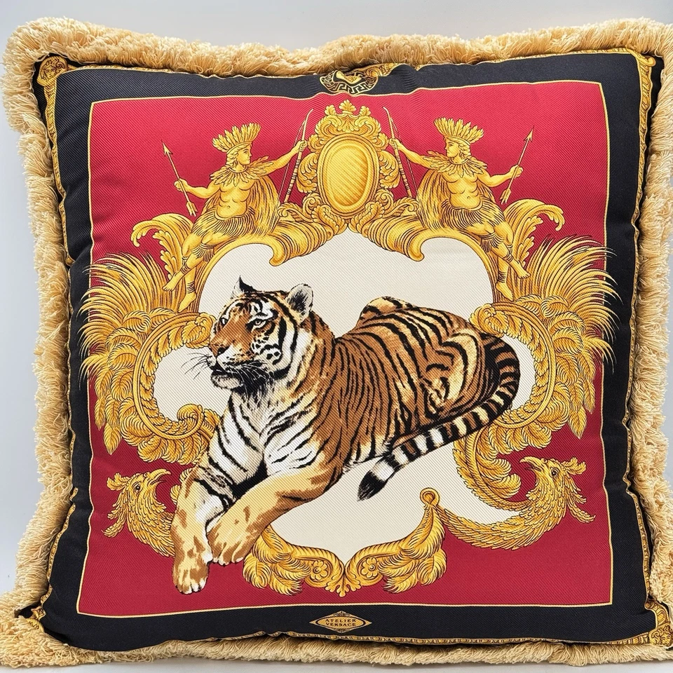 *AUTHENTIC* Atelier Versace Tigris Double Face Tiger Throw Pillow Cushion Fringe - Image 1 of 4