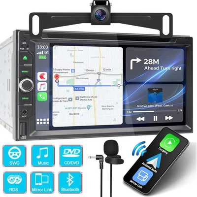 Car Stereo Bluetooth Carplay GPS Radio Double 2 Din 7" CD DVD Player with Camera - Image 1 of 4