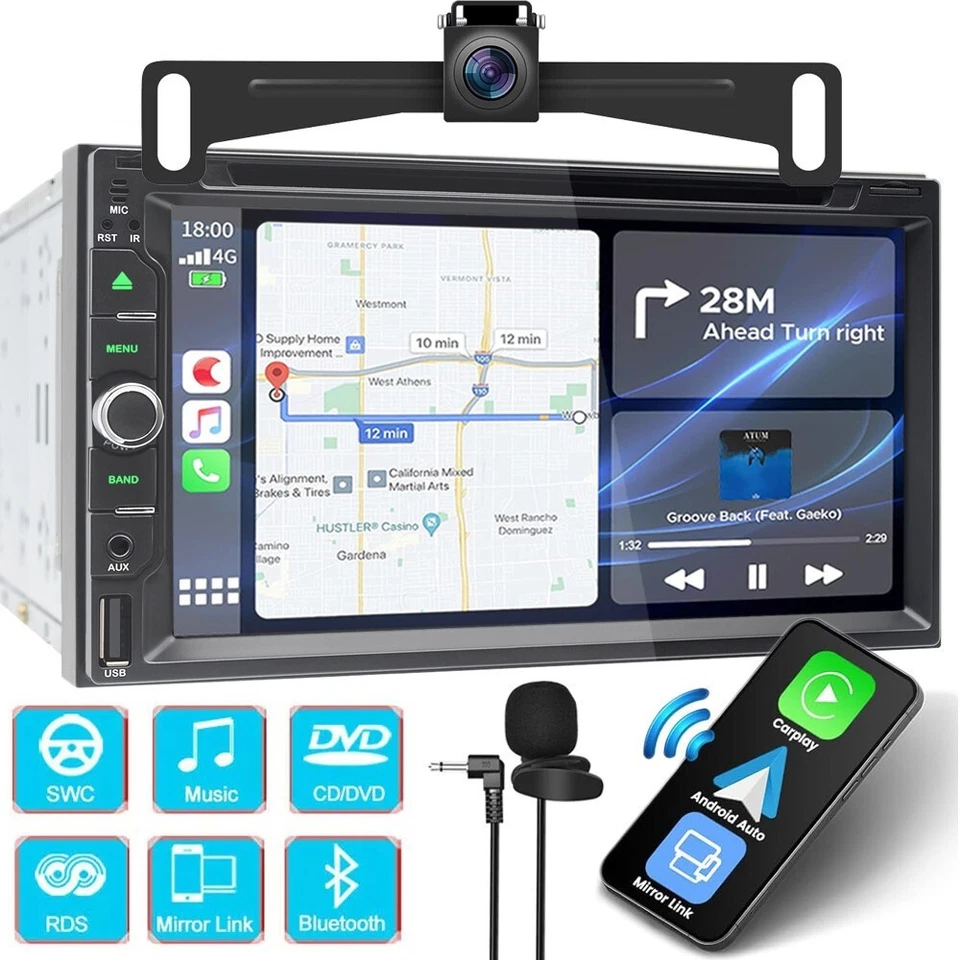 Car Stereo Bluetooth Carplay GPS Radio Double 2 Din 7" CD DVD Player with Camera - Image 1 of 4
