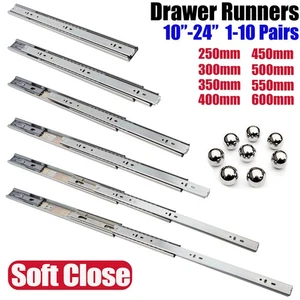 Soft Close Drawer Runners/Slides Full Extension 45mm Ball Bearing Runner 10-24'' - Picture 1 of 26
