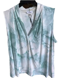 Calvin Klein Womens Top Teal Green White V-neck Sleeveless Size 3X New! - Picture 1 of 2