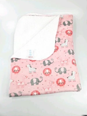 Kidgets Pink Plush Safari Zoo Animal Sherpa Reversible Baby Blanket Lion Giraffe - Image 1 of 4