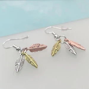 Mixed Metals Triple Feather Pendant Hook Earrings (Silver Hooks) New - Picture 1 of 6