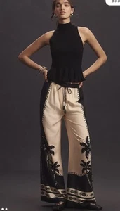 Pantalones Anthropologie Farm Rio Martina Tire Palms Estampado Negro Marfil L Usados en Excelente Condición - Imagen 1 de 6