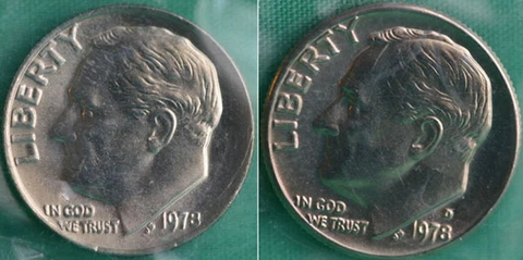 1978 P and D Roosevelt Dime 2 Coins from US Mint Set BU Cellos Ten Cents Two 10c Cover