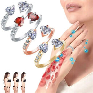 Women Double Heart Crystal Ring Therapy Open Ring Therapy Weight Loss Lymphatic