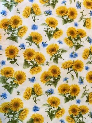 Sunflowers with Smaller Blue Flowers on White Fabric Floral Quilting OOP BTFQ - Image 1 of 3