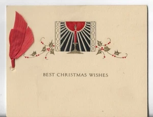 Vtg Christmas Card ART DECO 5x4 Glowing Red Candle w/Black Real Ribbon - Picture 1 of 3