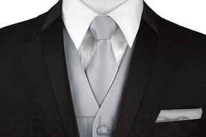 Men's Solid Satin Formal Dress Tuxedo Vest, Tie & Hankie Wedding Prom Homecoming - Picture 1 of 29