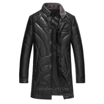 Winter Mens PU Leather Stand Collar Mid Long Coats Down Jacket Outwear Warm Slim - Image 1 of 4