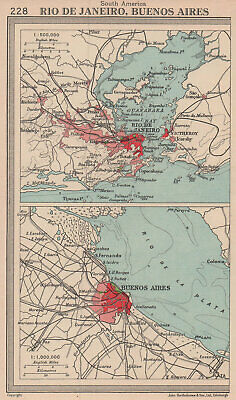 South American Cities. Rio De Janeiro, Buenos Aires. BARTHOLOMEW 1949 Old Map • 8.99£