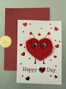Happy Day Papyrus Valentine’s Day Card Red Furry Heart Wiggly Eyes - Picture 1 of 4