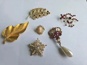 Vintage Lot of 6 Cameo, Beaded & Rhinestone Brooches Pins Unsigned JL - Picture 1 of 13