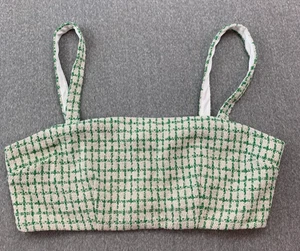 WAYF Tweed Cropped Bustier Tank Top Smocked Back Zipper Womens L Green Plaid - Picture 1 of 13
