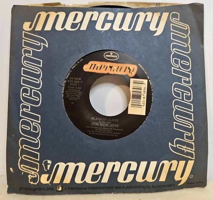Jon Bon Jovi – Blaze Of Glory - 1990 Mercury 875 896-7 7" 45 Single Record - EX - Image 1 of 4