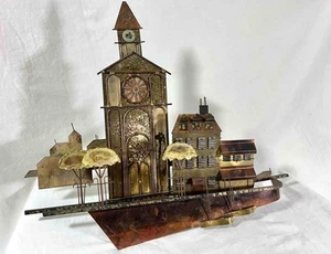 1972 Curtis Jere Signed Church Village Brutalist 3D Metal Wall Art Cathedral MCM - Picture 1 of 12