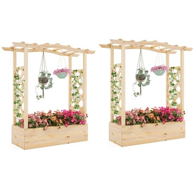 Cama de jardín elevada de madera de 2 piezas con enrejado y jardinera de techo colgante para jardín Foto 1 de 4