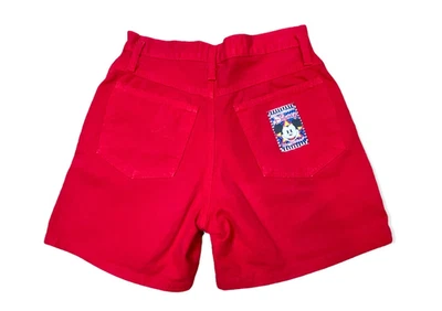 Shorts jeans vintage Disney vermelho feminino 7/8 Mickey Mouse Joujou patch cintura alta - Imagem 1 de 4