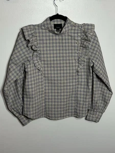 Lumiere Prairie Blouse Long Sleeve Ruffled Shoulder Buttons Plaid Size Small EUC - Picture 1 of 5