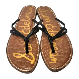 Sam Edelman Womens GERIANNE Sandal Thong Black Patent Leather 10M Logo Summer - Picture 1 of 6