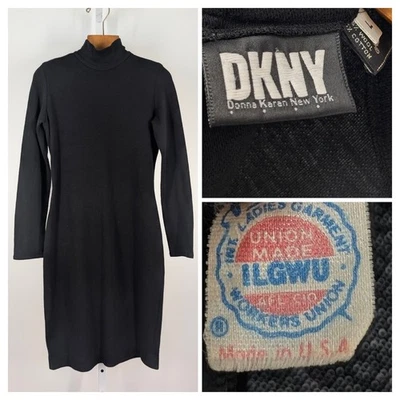 DKNY Donna Karan Unionmade USA Vtg 80s 90s Bodycon Sweater Dress Knit L Black - Image 1 of 4