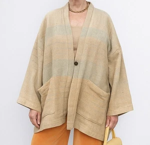 Wunderschöne Yasuko Kurosawa lockere Passform Baumwolle gewebte Tasche Morgenmantel Jacke beige Streifen - Bild 1 von 14