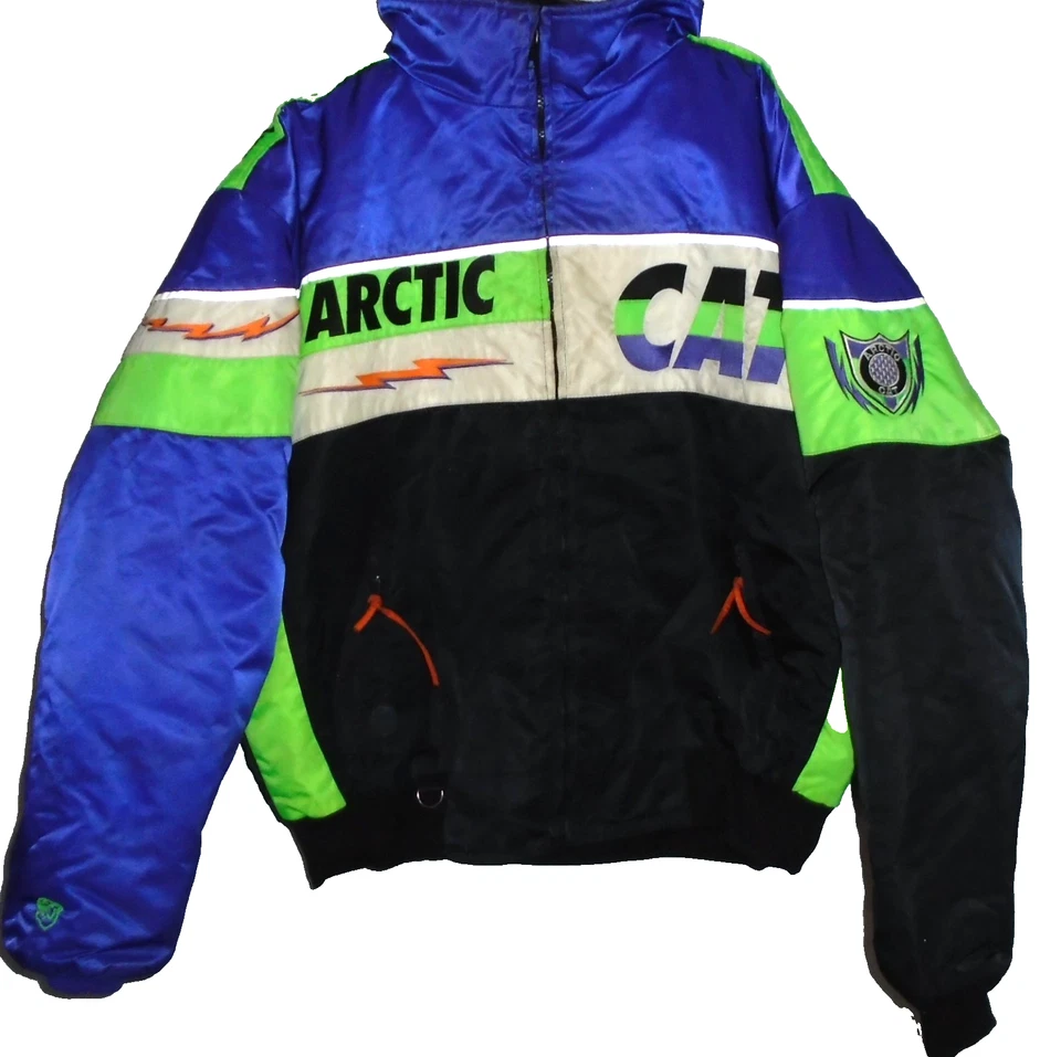 Chaqueta de bombardero satinada de carreras de motos de nieve Arctic Cat de colección años 80 XL verde neón púrpura Foto 1 de 4