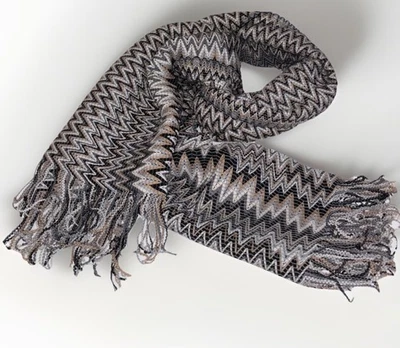 MISSONI Zig Zag Scarf 20x67” + Fringe Italian Tan Gray Wool Blend Orange Label - Image 1 of 4