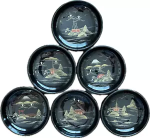 Vintage Japanese Aizu Lacquerware Miso Soup Bowls 6 Hand Painted Traditional - Picture 1 of 17