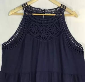 NEW Babydoll Dress Women's Large Navy Embroidered Lace Deep Ruffle Cottage core - Picture 1 of 15