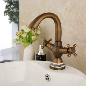 Grifos de grifo montados en cubierta base de cerámica de latón antiguo lavabo de baño 2 asas - Imagen 1 de 9
