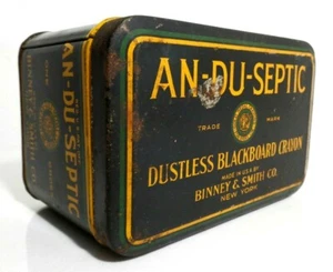 EARLY 20TH C VINT CRAYOLA CRAYONS AN-DU-SEPTIC CHALK TIN, BINNEY & SMITH CO NY - Picture 1 of 11