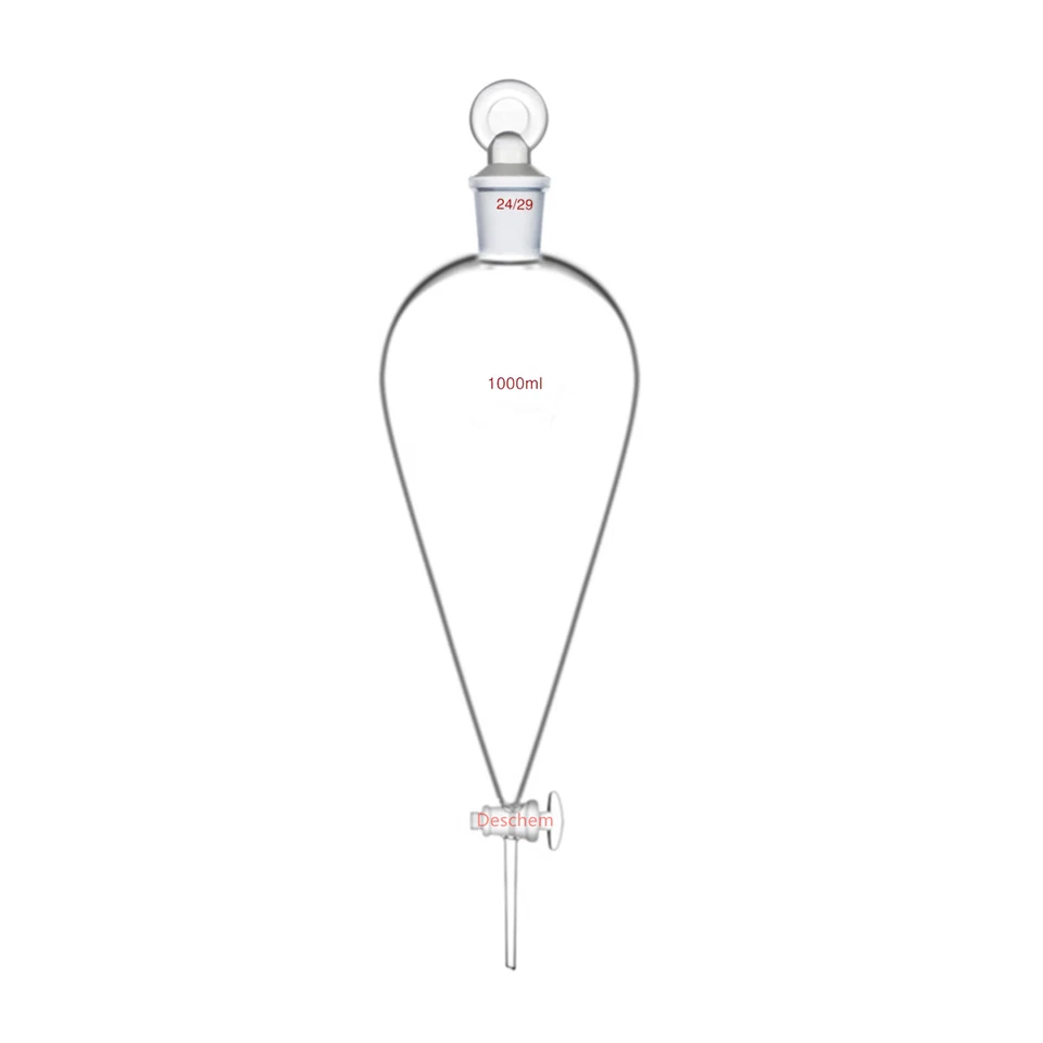 1000ml 24/29 Lab Pyriform Separatory Funnel 1L Straight Drop Tube Glass Stopcock - Image 1 of 1