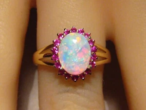Red Opal & Ruby Ring    ,  Solid  14 k Yellow Gold - Picture 1 of 10