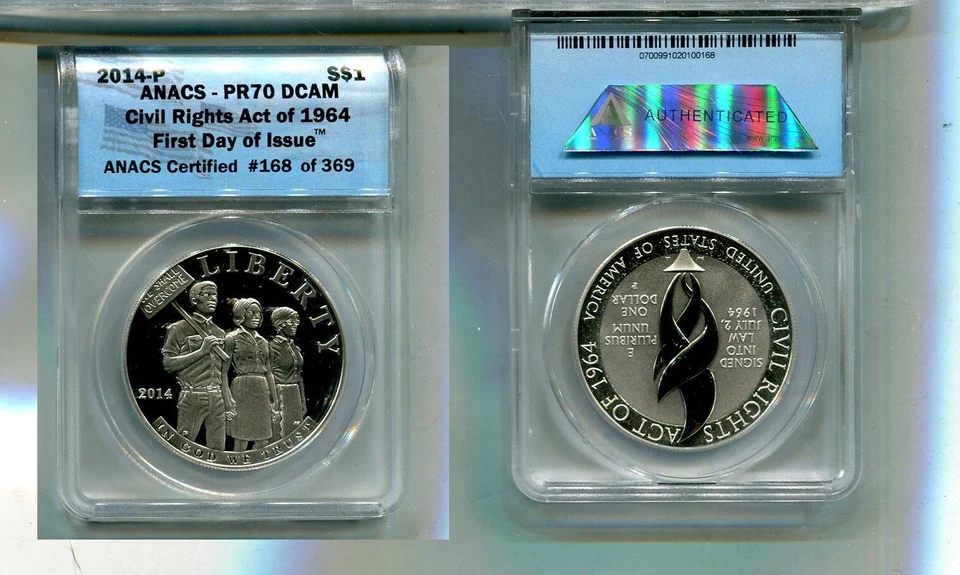 2014 P CIVIL RIGHTS ACT COMMEMORATIVE SILVER ANACS PR70 DEEP CAMEO FDI 9894R - Image 1 of 1