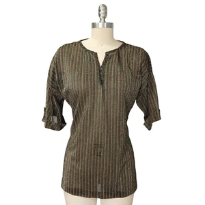 Vintage 70er Metallic Top Gr. M schwarz gestreift Disco Kurzarm dazu Schimmer - Bild 1 von 9