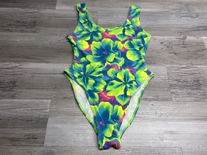 Vintage 80s 90s Floral Tropical One Piece Swimsuit Heatwave Cotton Stretch Sz L - Picture 1 of 7