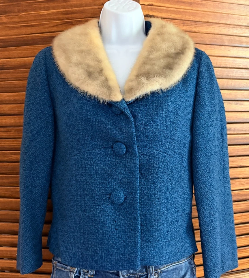 Vintage Zelinka Matlick Peacock Blue Wool Short Coat with Fur Trim Size M - Image 1 of 4