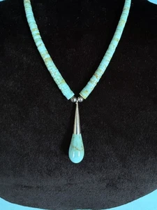 Vintage Sterling & Türkis Träne Anhänger & Heishi Perle 16,5" Halskette - Bild 1 von 10