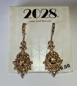 2028 Gold Tone Amber Crystal Dangle Earrings Vintage Inspired Filigree Design - Picture 1 of 3