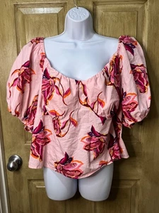 Eloquii Elements Smocked Cropped Top Pink Floral Short Puff Sleeves Plus Size 24 - Picture 1 of 7