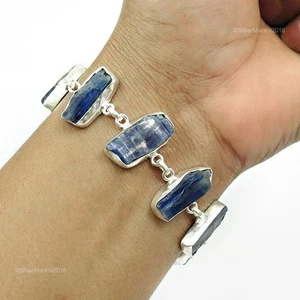 Throat Chakra Kyanite Gemstone Solid Sterling Silver Trendy Chain Bezel Bracelet - Picture 1 of 6