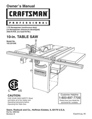 Owner's Manual & Parts List  Sears Craftsman 10” Table Saw - Model 152.221240 - Image 1 of 4