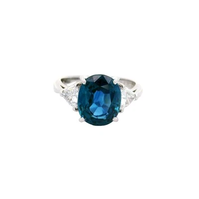 4.32 Carat Blue Sapphire Diamond Three-Stone Platinum Ring - Image 1 of 4
