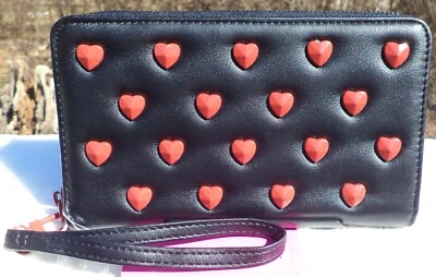 Betsey Johnson HEART Studded BLACK Zip Around WRISTLET Wallet RED NEW TAG - Image 1 of 4