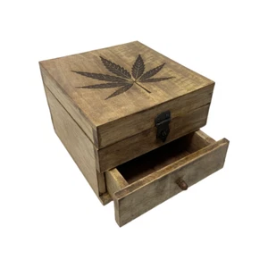 Wood Stash Box Storage Hinged Top Drawer Leaf Design - Picture 1 of 7
