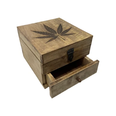 Wood Stash Box Storage Hinged Top Drawer Pot Leaf Design - Image 1 of 4