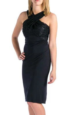 David Meister ~ Vestido de Fiesta Vaina Jersey Cuello Cruzado Encaje Azul Marino 12 NUEVO $488 Foto 1 de 4